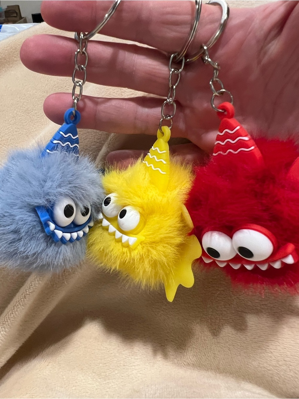 Fuzzy Monster Keychain Set - Blue, Yellow & Red Plush Charms